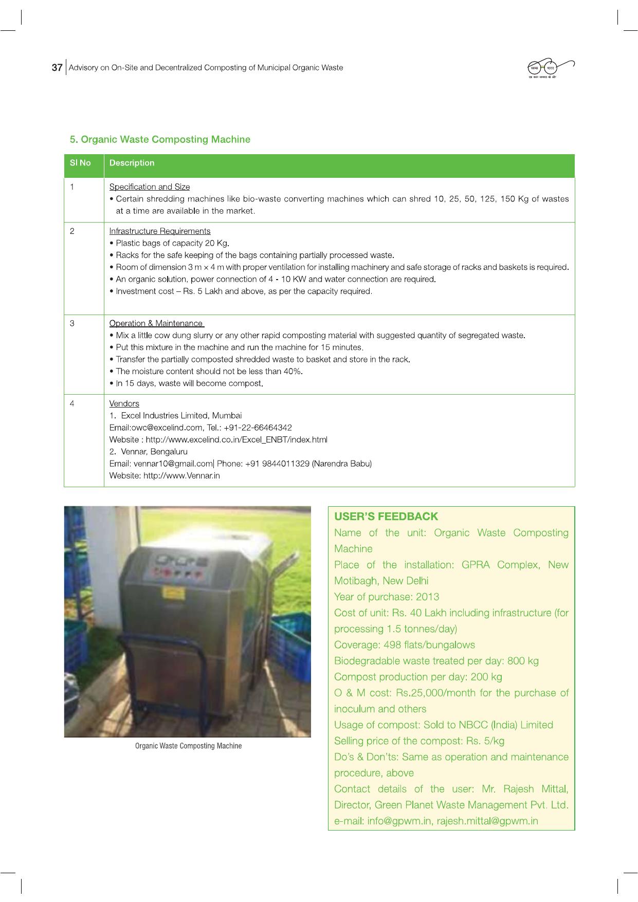 Highlighted extract — MoHUA · Advisory on On-Site & Decentralised Composting of Municipal Organic Waste, p. 37